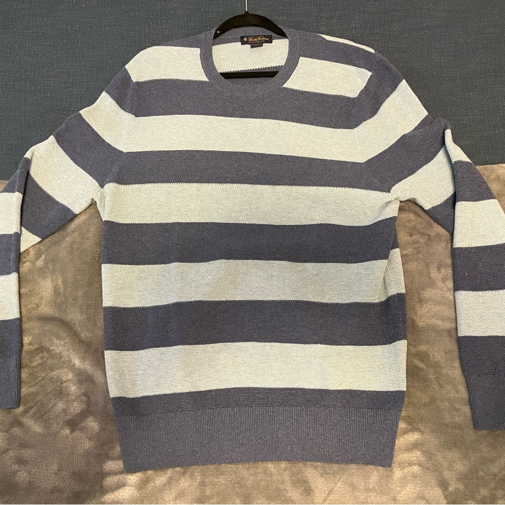 Brooks Brothers Navy and Cream Striped Crewneck Sweater